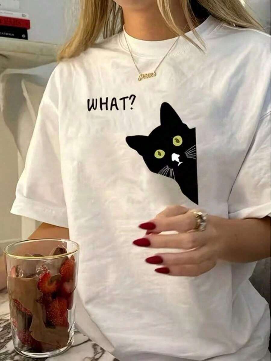 1 Piece [Plus Size] Women's T-Shirt With Graphic Print Of A Funny Black Cat With The Slogan "WHAT", 180g, 100% Cotton - 白色 - 查看 1
