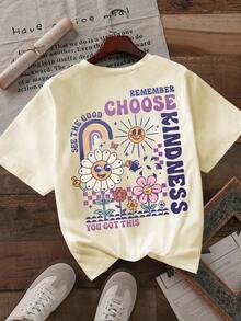 Camiseta con estampado de letras, manga corta, cuello redondo, estilo casual, adecuada para verano y primavera, ropa de mujer, con diseño de flores delicadas y cara sonriente en tono morado retro. - Albaricoque - Ver 3