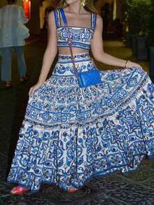 Conjunto de 2 piezas nuevo de primavera para mujer, elegante, estampado, top de tirantes y falda, diseño favorecedor, perfecto para looks de día y ocasiones informales - Plano - Ver 5