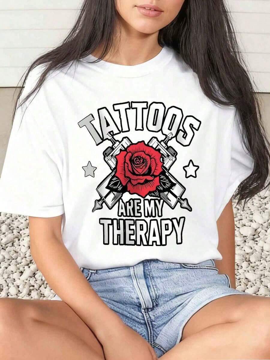 1 Piece Women's T-Shirt With Rose And Tattoo Machine Print, 'Tattoos Are My Therapy' Design, For Carnival And Daily Use, Round Neck, Short Sleeve, Soft And Comfortable, 220g/180g, 100% Cotton - 白色 - 查看 1
