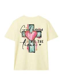 Camiseta Ligera de Verano con Estampado de Letras y Cruz Dibujadas a Mano, Camiseta Religiosa Cristiana 'Dios Siempre Es Bueno', Ropa de Fe Unisex Casual de Manga Corta y Cuello Redondo - Amarillo - Ver 3