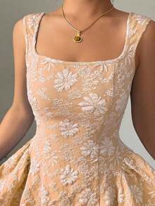 Vestido mini azul de mujer con cuello ancho, sin mangas, cintura recogida y textura de jacquard, elegante y romántico para graduación, baile de graduación, fiesta, festival de música, vacaciones - Naranja - Ver 7