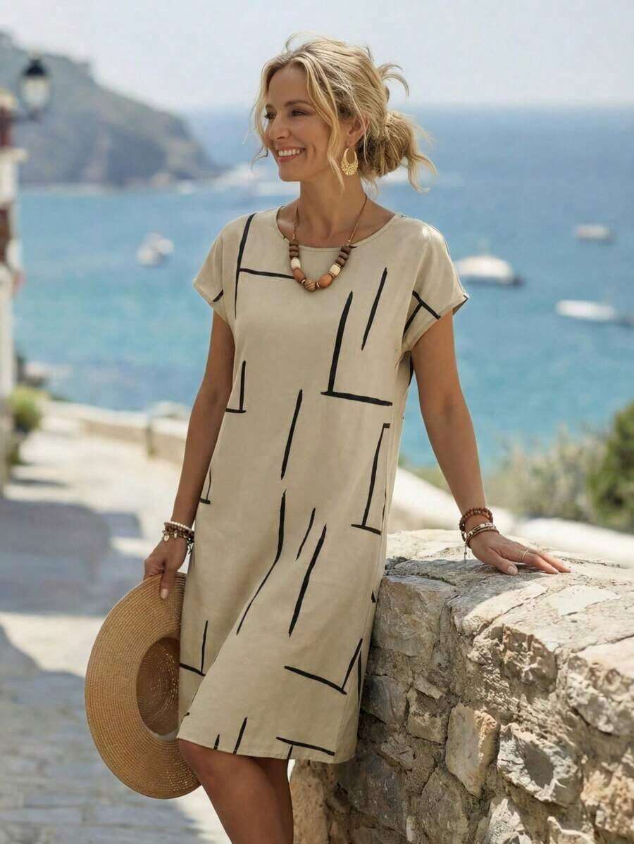 Vestido de verano casual para mujer con estampado integral, cuello redondo y mangas tipo murciélago.Vestidos de verano para mujeres, vestidos tipo camisera para mujeres - Pearl White - Ver 1