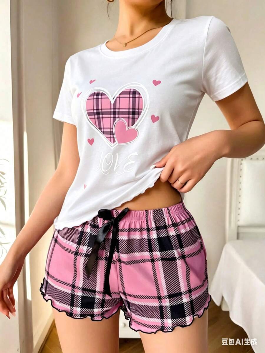 Playera de Manga Corta con Estampado de Corazones y Cuadros - Estilo Urbano Casual para Mujer - Blanco - Ver 1