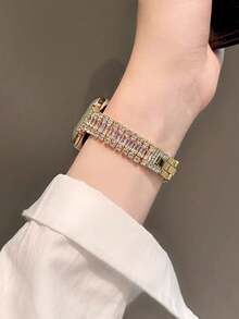 1pc Women's Luxury Triple-Row Sparkling Diamond Metal Watch Band, Gold Color, Compatible With Apple Watch Band Size 38/40/41/42/44/45/46/49mm, Compatible With Apple Watch Ultra/SE, Series 11/10/9/8/7/6/5/4/3/2/1 Smartwatch, Suitable For Birthday Party, Birthday Gift, High-End Luxury Strap - Gold - View 6