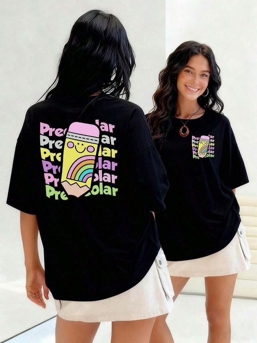 Lápiz con cara sonriente y arcoíris camiseta para mujer con inscripción Preescolar repetida algodón 100% suave y cómodo para uso diario diseño alegre y educativo perfecto para maestras o amantes del arte.Suitable for spring, summer and autumn - Negro - Ver 1
