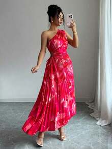 Vestido con estampado floral, cintura plisada, hombro asimétrico y recorte, elegante para mujer, Verano 2025 - Rojo - Ver 6