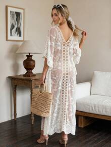 Bohemian Style Embroidered Sheer Robe - Batwing Sleeve Long Beach Cover Up Suitable For Coachella, Beach And Summer Travel - White - View 6