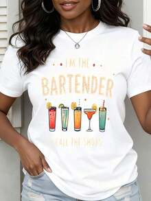 Camiseta de cuello redondo para mujer, para fiesta de verano, con estampado gráfico de "I'm the Bartender, I call the shots", ropa casual, blusas para mujer. - Blanco - Ver 1