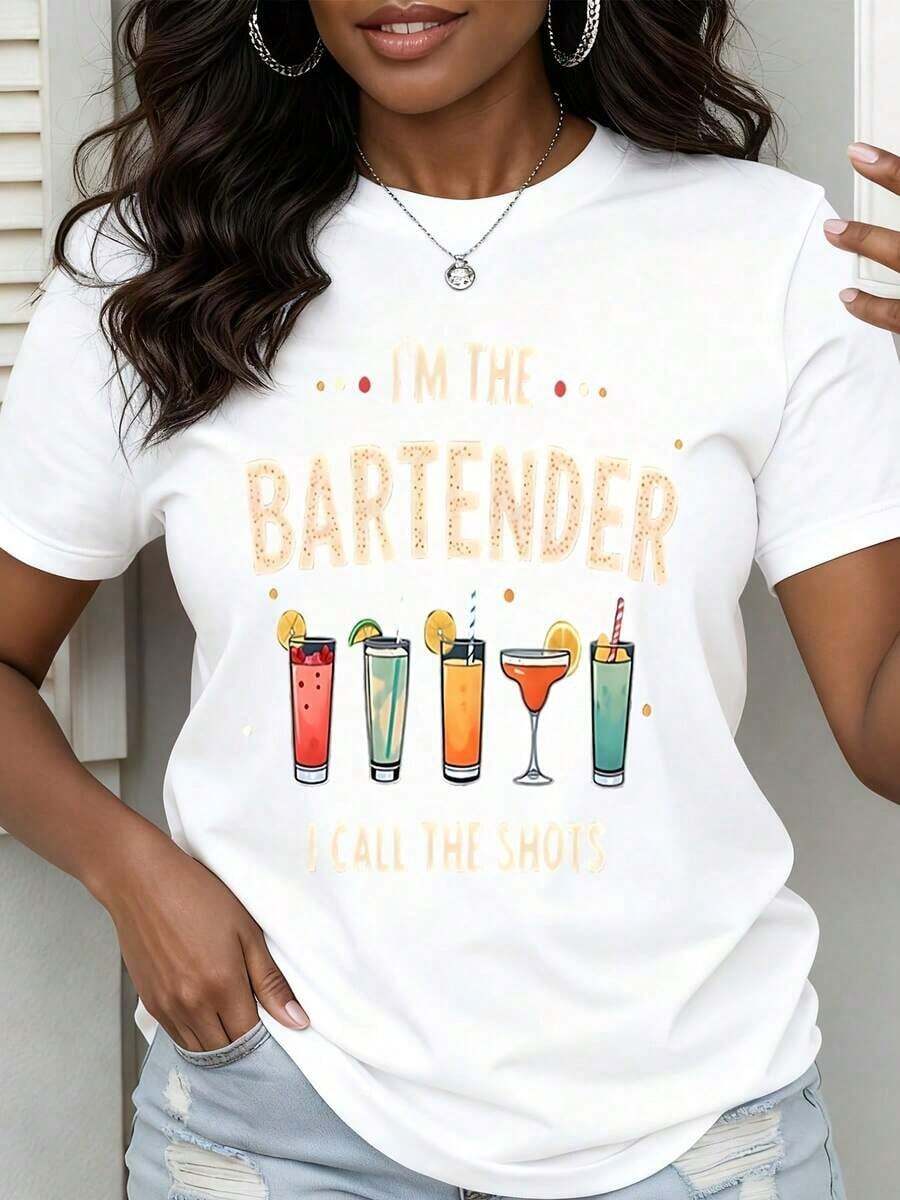 Camiseta de cuello redondo para mujer, para fiesta de verano, con estampado gráfico de "I'm the Bartender, I call the shots", ropa casual, blusas para mujer. - Blanco - Ver 1