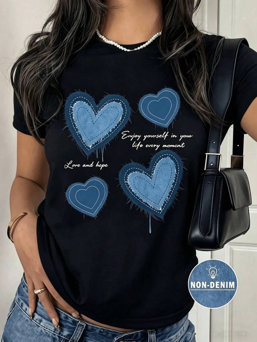 1 pieza de ropa para mujer: camiseta blanca de mezclilla con estampado de corazones, camisas, top blanco, camisetas gráficas para mujer, camiseta unisex casual de cuello redondo, tejido ligero de 220 g/m², lavable a máquina, para primavera/verano/otoño, Día de San Valentín, Día de la Madre, Día de la Independencia. - Negro - Ver 1
