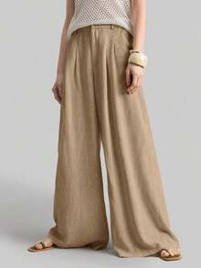 Ontre 2026SS Nuevos pantalones de pierna ancha para mujer, pantalones casuales y sueltos con cintura plisada, adecuados para estilo bohemio, Ibiza, vacaciones, festivales, invitados de boda, oficina, maestros, vuelta al colegio, con bolsillos, ajuste relajado, elegante estilo urbano chic, pantalones versátiles para mujer para primavera/verano - Caqui - Ver 2