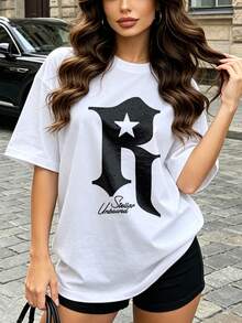 Women's Summer Casual Soft Round Neck Short Sleeve T-Shirt,The Star Letter R Print Graphic Is Suitable For Daily Wear In Spring And Summer.White - White - View 1