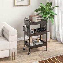 Serving Trolley With Wheels, 3 Shelves And 2 Hanging Baskets, Kitchen Trolley With Handle, Black Steel For Kitchen And Dining Room. - Black - View 9