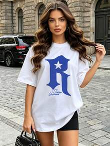 Women's Summer Casual Soft Round Neck Short Sleeve T-Shirt,The Star Letter R Print Graphic Is Suitable For Daily Wear In Spring And Summer.White - White - View 2