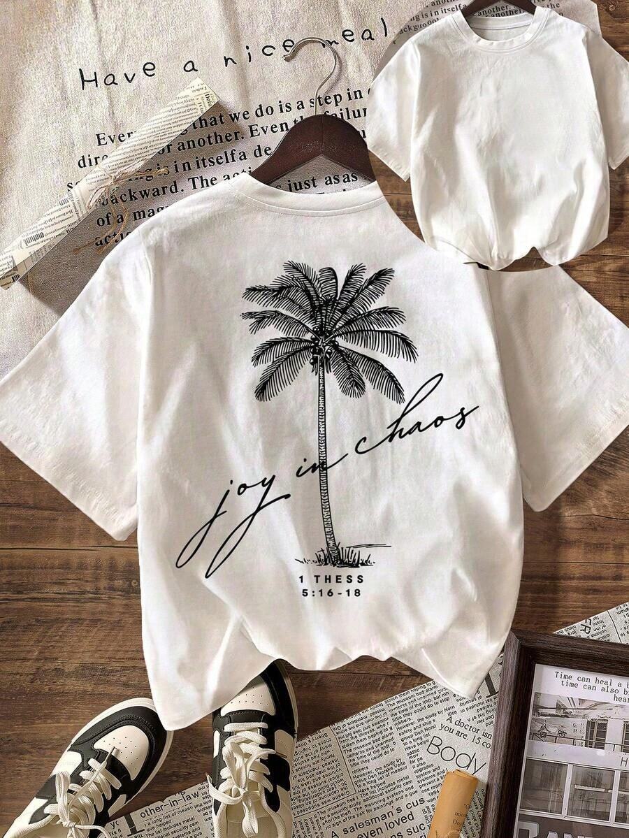 Women's Summer T-Shirt, Casual, With Palm Tree Print, Round Neck, Short Sleeve, White, 100% Cotton - 白色 - 查看 1