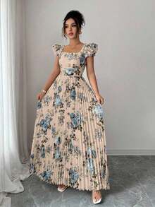 xheSelianne Vestido largo con estampado floral elegante y vuelo plisado en el bajo para mujer, para veranoxhe - Rosa Pálido - Ver 4