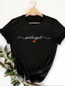 Top de Verano, Regalo para Mamá, Camiseta Casual de Cuello Redondo para Mujer con Estampado de Bandera de Portugal, una Opción Versátil para el Día a Día, 100% Algodón - Negro - Ver 7