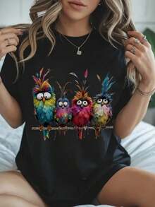 Women's Plus Size T-Shirt With Colorful Bird Print - Soft And Stretchy Cotton Crew Neck Short Sleeve T-Shirt, Loose Fit, Vibrant Print, Machine Washable, All Season Comfort, Easy Care Clothing - 黑色 - 查看 6