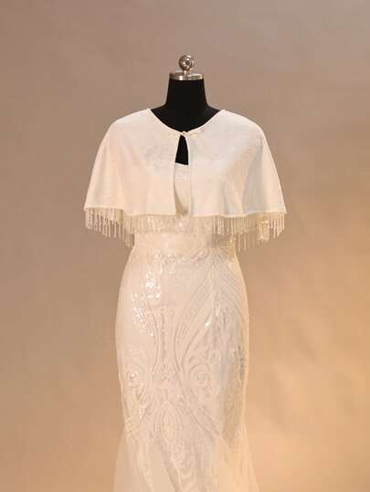 1pc White Printed Short Crystal Tassel Women's Cape, Suitable For Wedding, Party, And Formal Occasions