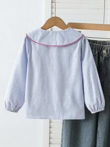 Girls' Long Sleeve Striped Shirt With Heart Embroidery, Autumn Top - Blue and White - View 2