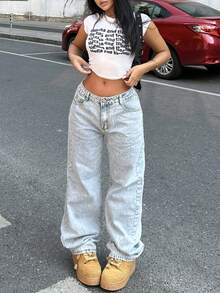 Women Casual Light Color Water-Washed Wide Leg Denim Jeans For Daily Wear - Light Wash - View 2