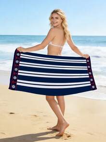 1pc Navy Blue Striped Print Beach Towel, Super Soft Microfiber Quick Dry, Sand Proof Beach Mat Suitable For Beach Chairs, Swimming Pools, Surfing, Diving, Vacation And Camping, Essential Summer Party Accessory - Type C - View 7