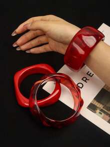 3pcs Red Acrylic Bracelet Set, Fashionable And Unique Suitable For Daily Wear And Vacation - Red a - View 6