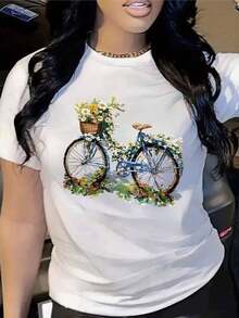 Women's Round Neck T-Shirt With Floral And Bicycle Print - Casual Short Sleeve Top With Vibrant Geometric Design, Semi-Sheer Fabric, Machine Washable, Regular Fit For Spring, Summer And All Seasons, Women's T-Shirts, Soft Texture Shirt - 白色 - 查看 1