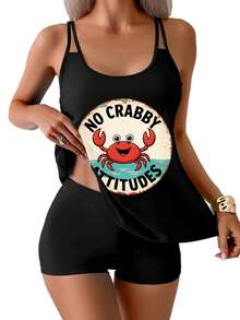 Women's Flowy Tummy Control Tankini Sets With NO CRABBY Design, Two Piece Tummy Control Bikini Swimsuits Blouson Tank Top With Boyshorts Bathing Suits  For Beach And Hot Springs / Summer Vacation Outfit - 黑色 - 查看 2