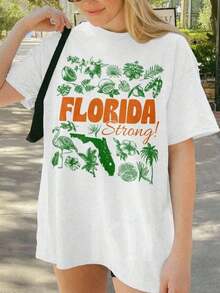 PremiumFlorida Strong Shirt, Hurricane Milton Survivor, Survivor Hurricane Season Camiseta informal de moda con estampado creativo para mujer, de manga corta y cuello redondo, para primavera y verano T-Shirt Women Festive Celebration Shirt Party Wear Top Eco-Friendly - Blanco - Ver 1