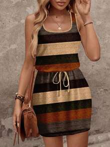 Vestido corto casual de mujer con estampado de rayas de contraste, adecuado para vestido de vacaciones de primavera/verano, vestido elegante para salir, casual - Multicolor 4 - Ver 8