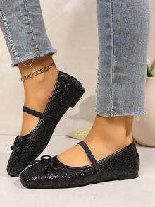 2026 New Spring/Summer Women's Mary Jane Shoes With Bow Tie, French Fairy Style, Square Toe Versatile Casual Slip-On Shoes Suitable For Parties And Gatherings - Black - View 4