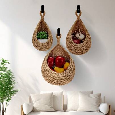 1 chiếc giỏ treo đan kiểu Bohemian, hình giọt nước sáng tạo, thích hợp đựng rau củ quả, giỏ đựng đồ nhà bếp, vật dụng nhà bếp