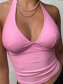 Moderno top sólido con diseño calado, cuello halter y escote en V para mujer - Rosa - Ver 3