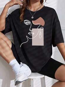 Soft, 100% Cotton T-Shirt In A Casual And Fashionable Style, Featuring A Circular Pattern Print With Human Face Lines And A Color-Block Design. This Women's Summer T-Shirt Has A Relaxed Fit And Is Available In Plus Sizes, Offering Comfort, A Loose Fit, And Breathability. It Goes With Everything And Looks Great. - 黑色 - 查看 6