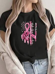 Women's T-Shirt For Breast Cancer Prevention And Awareness, With A Pink Ribbon, Comfortable Design, Suitable For Casual Wear, Events And Daily Use, With Pink Gloves And An Inspirational Design, Lightweight And Breathable - Unisex Cotton T-Shirt, Short Sleeve, Round Neck, Urban Vintage Style. - 黑色 - 查看 1