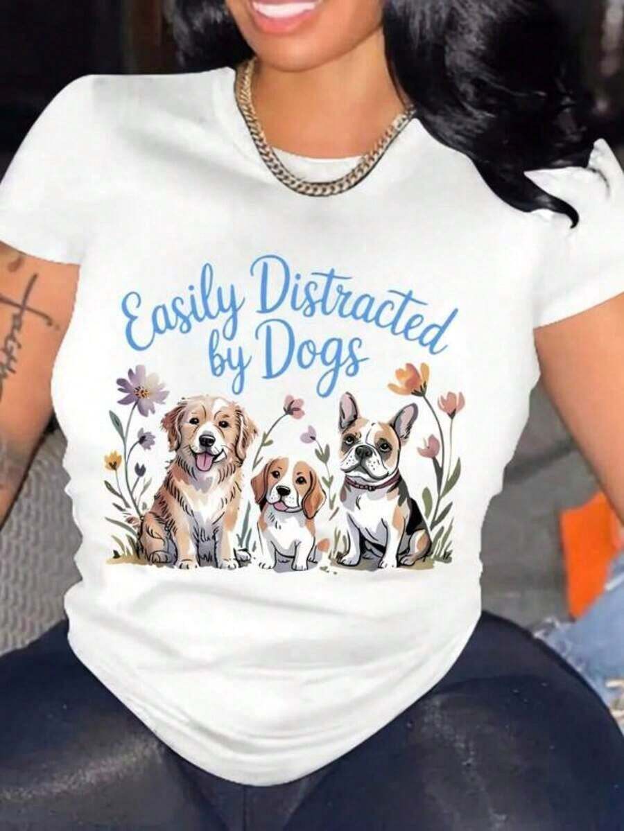 GraphicEasily Distracted By Women's T-Shirt With Cute Dog Print And Funny Text Design, Perfect For Dog Lovers, Casual Wear, Spring And Summer Outfits, Ideal Gift For Pet Enthusiasts. - 白色 - 查看 1