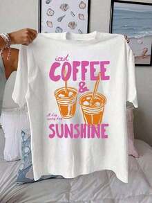 Soft 100%CottonSoft 100%CottonT-Shirt100% Pure Cotton Summer New StyleWomen's Pure Cotton T-Shirt For Summer, Coffee Print T-Shirt With Summer Vibe, Short-Sleeved Top With Iced Coffee And Sunshine Print, A Gift For Coffee Lovers.Machine Washable. A Gift For Relatives, Brothers, Friends, Parents, Or Teachers.Breathable Cotton Tee, All Matchcoolcool - 白色 - 查看 2