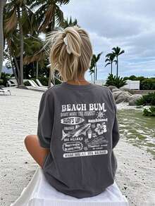Camiseta de manga corta con cuello redondo y estampado de tiburones, ondas y flores para mujer, moderna y versátil para vacaciones de primavera/verano en color blanco. - Gris Oscuro - Ver 5