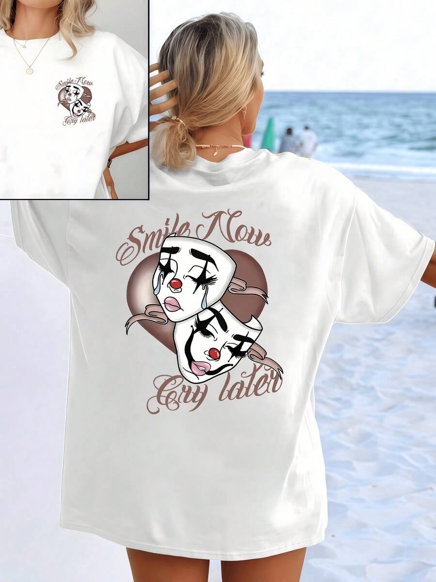 Two Theatrical Faces Joined By A Heart Symbolize The Duality Of The Soul Between Present Joy And Future Tears, Expressing Deep Emotions And The Inner Strength To Keep Smiling. Stylish And Comfortable Women's T-Shirt With Double Print - 白色 - 查看 1
