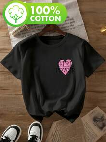 Women's T-Shirt With The Slogan "GIRL POWER" And A Heart. Retro, Youthful Style Inspired By Internet Celebrities. Short-Sleeved Women's T-Shirt, 100% Pure Cotton, With A Round Neck And Print. Soft, Comfortable, And Casual. Available In Multiple Colors For Spring, Summer, And Fall. A Great Gift Option. Women's T-Shirts. - 黑色 - 查看 1