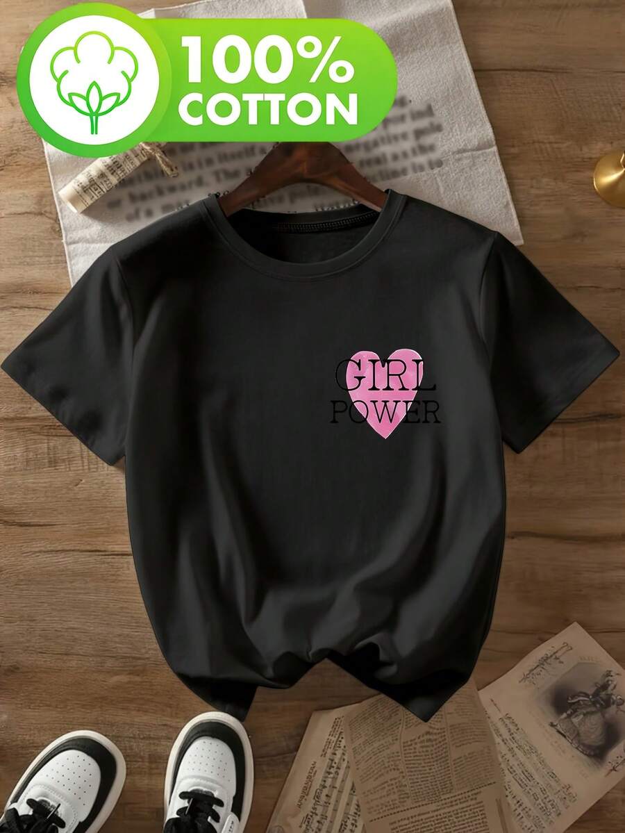 Women's T-Shirt With The Slogan "GIRL POWER" And A Heart. Retro, Youthful Style Inspired By Internet Celebrities. Short-Sleeved Women's T-Shirt, 100% Pure Cotton, With A Round Neck And Print. Soft, Comfortable, And Casual. Available In Multiple Colors For Spring, Summer, And Fall. A Great Gift Option. Women's T-Shirts. - 黑色 - 查看 1