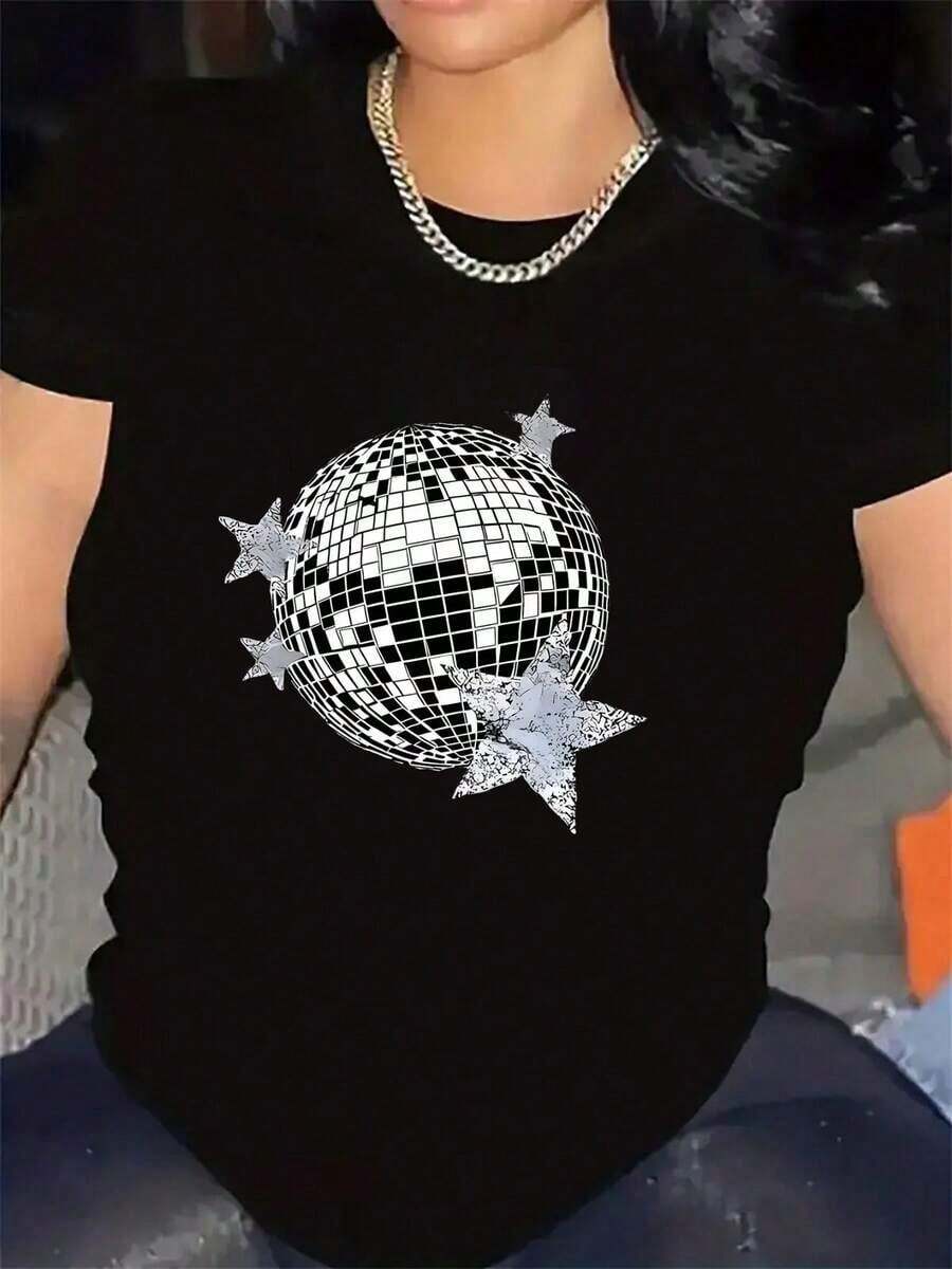 Women's Top, Black Short Sleeve T-Shirt With Disco Ball And Star Design, Made Of Polyester Fiber, Lightweight And Durable, Ideal For Parties, Clubs Or Casual Wear, Comfortable Fit For Adults, 2026 - 黑色 - 查看 1