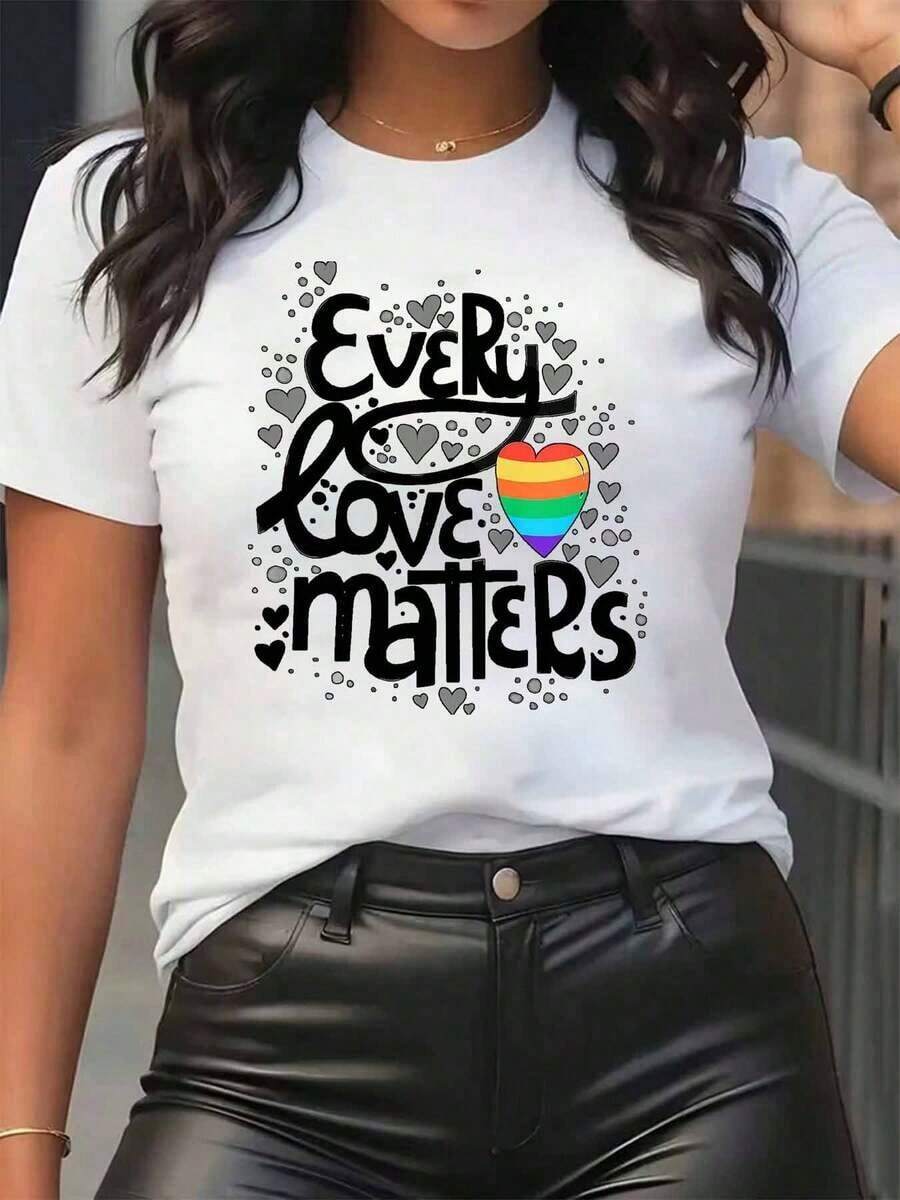 New Arrivals For Summer. Women's T-Shirt With Rainbow Heart Print "Every Love Matters", Round Neck, Casual Everyday Wear, Soft And Comfortable, Pride Festival Blouse, Shirt > Beautiful. - 白色 - 查看 1