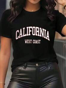 Nuevas llegadas para el verano. Camiseta de mujer con estampado de la  oeste de California, cuello redondo, uso diario casual, suave y cómoda, blusa para vacaciones. - Negro - Ver 12