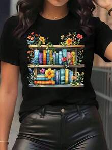 New Arrivals For Summer. Women's T-Shirt With A Floral And Book Print, Round Neck, Casual Style For Everyday Wear, Soft And Comfortable, Festive Style. Blouse, Shirt > Beautiful. - 黑色 - 查看 7