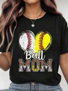 100% Cotton T-Shirt With Mom Heart Print, Baseball, Softball, For Women, Mother's Day, Graphic T-Shirt For Men And Women, Casual Style, Vintage Urban Style, Unisex, Loose Fit, Cotton, Short Sleeve, Crew Neck, 100% Pure Cotton - 黑色 - 查看 5