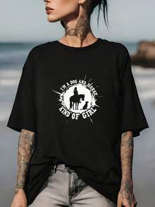 Soft180g Casual Dog And Horse Lover Graphic Tee For Women, Perfect Gift For Family And Friends, Ideal For Team Building And Seasonal Events - Summer T-ShirtcuteNew Arrival - 黑色 - 查看 1