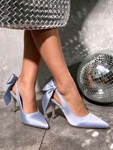 Women's Stiletto High Heels Pumps Fashion Back Big Bowknot Pointed Toe Solid Sexy Party Wedding Dress Pumps Woman - 藍色 - 查看 9